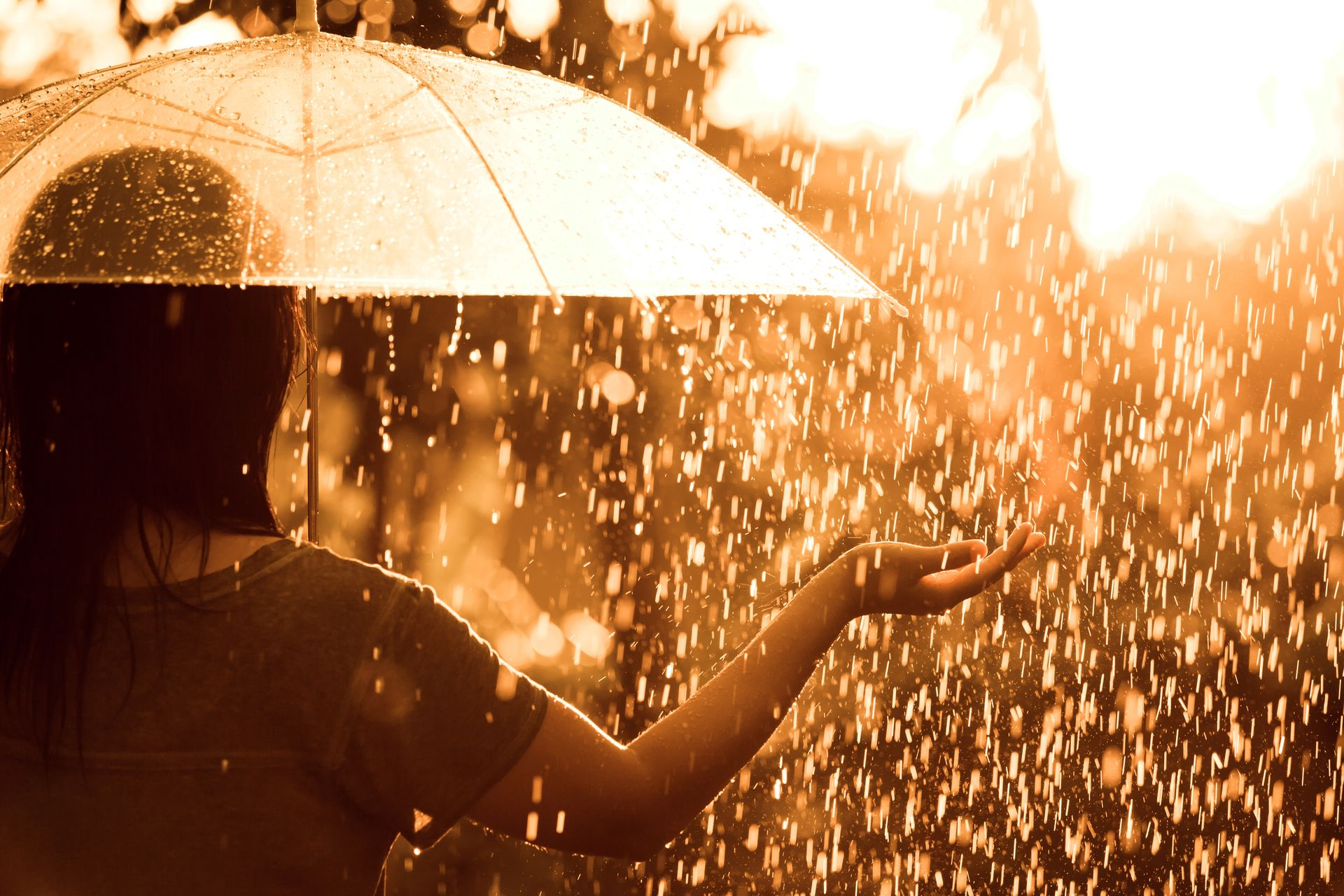 Jeune femme sous son parapluie, bouclier contre la pluie